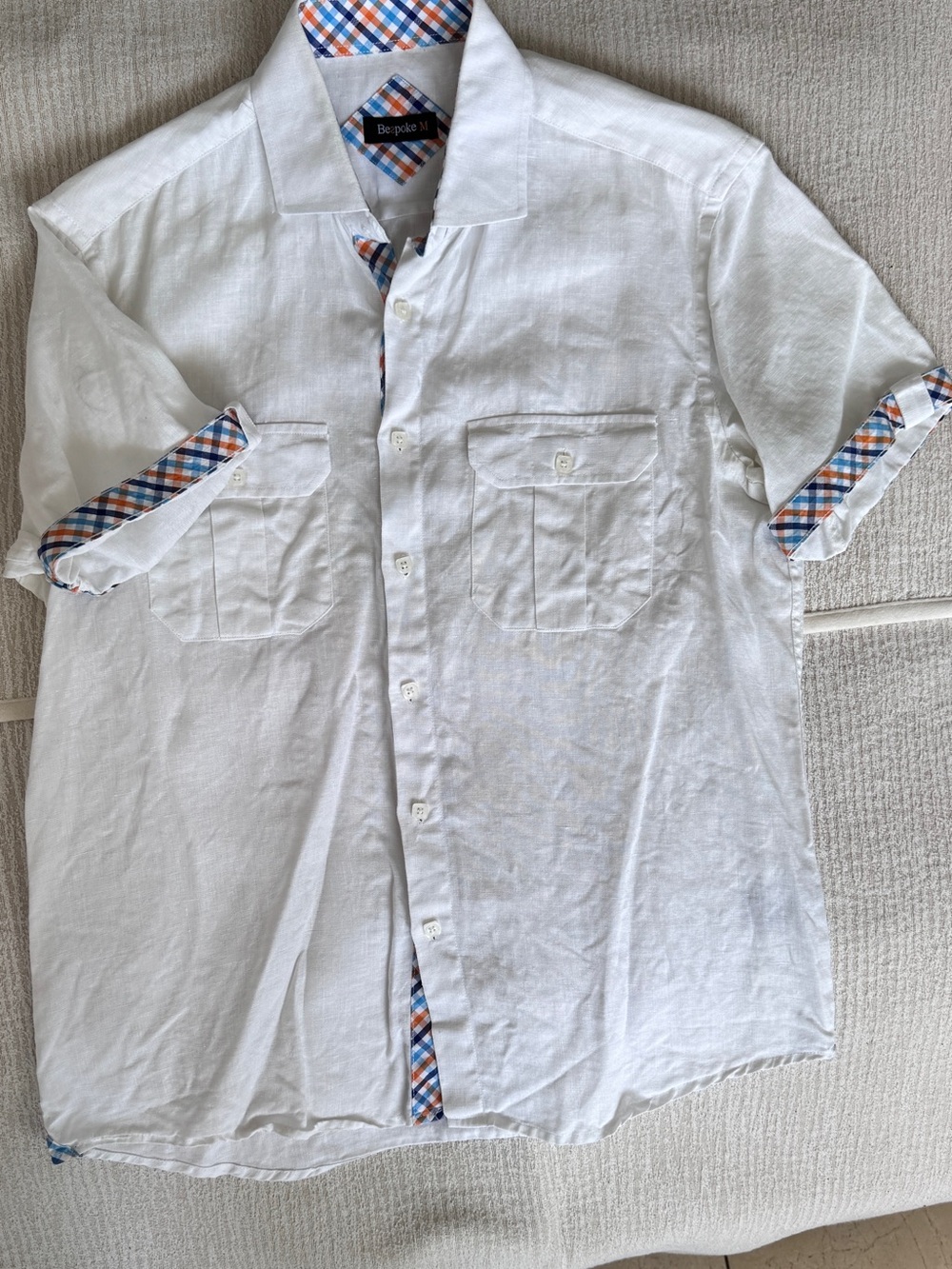 White Short-Sleeve linen Button-Up Shirt with Check Trim